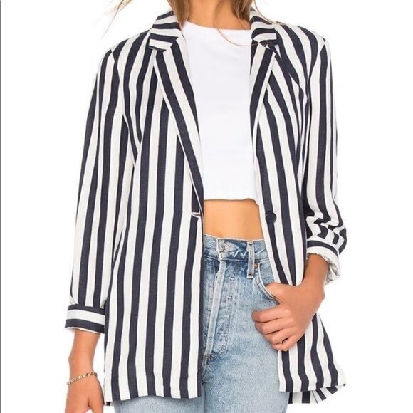 Bardot Jackets & Blazers - NEW Bardot White Navy Striped Colette Long Sleeve Linen Blazer Jacket Size 6 / S